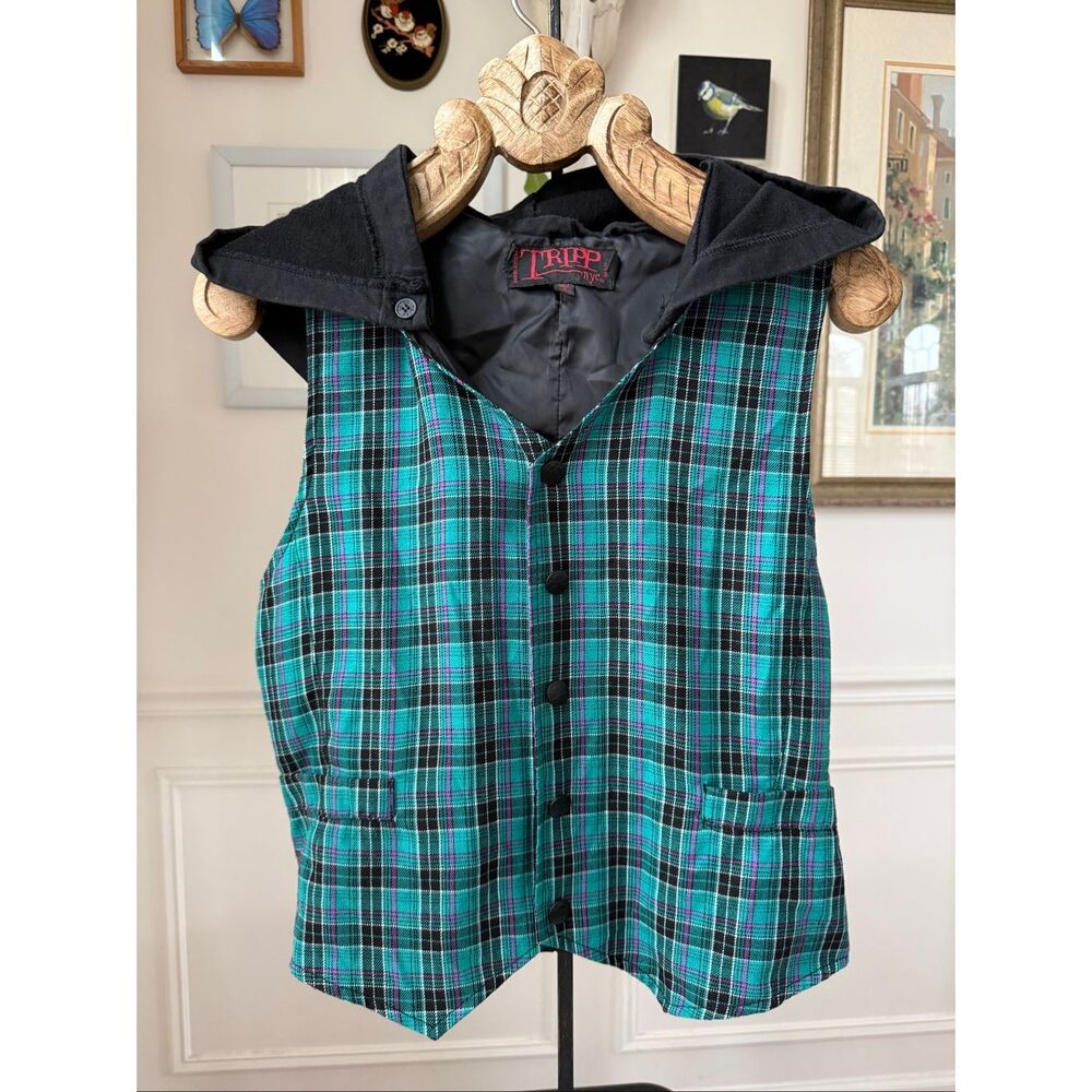 Tripp NYC Man Plaid Flannel Vest Removable Hood M